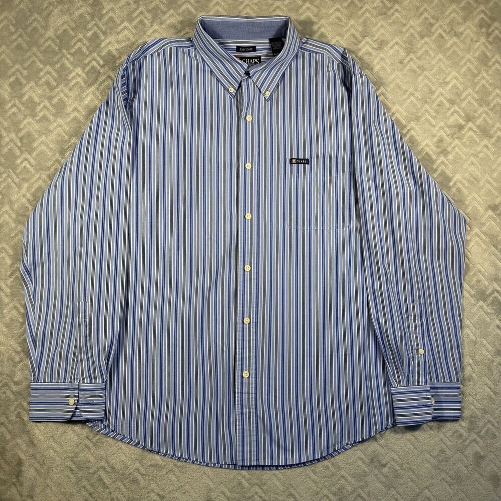 Chaps Shirt Men's XL Easy Care Long Sleeve Button Up Blue‎ White Striped Preppy